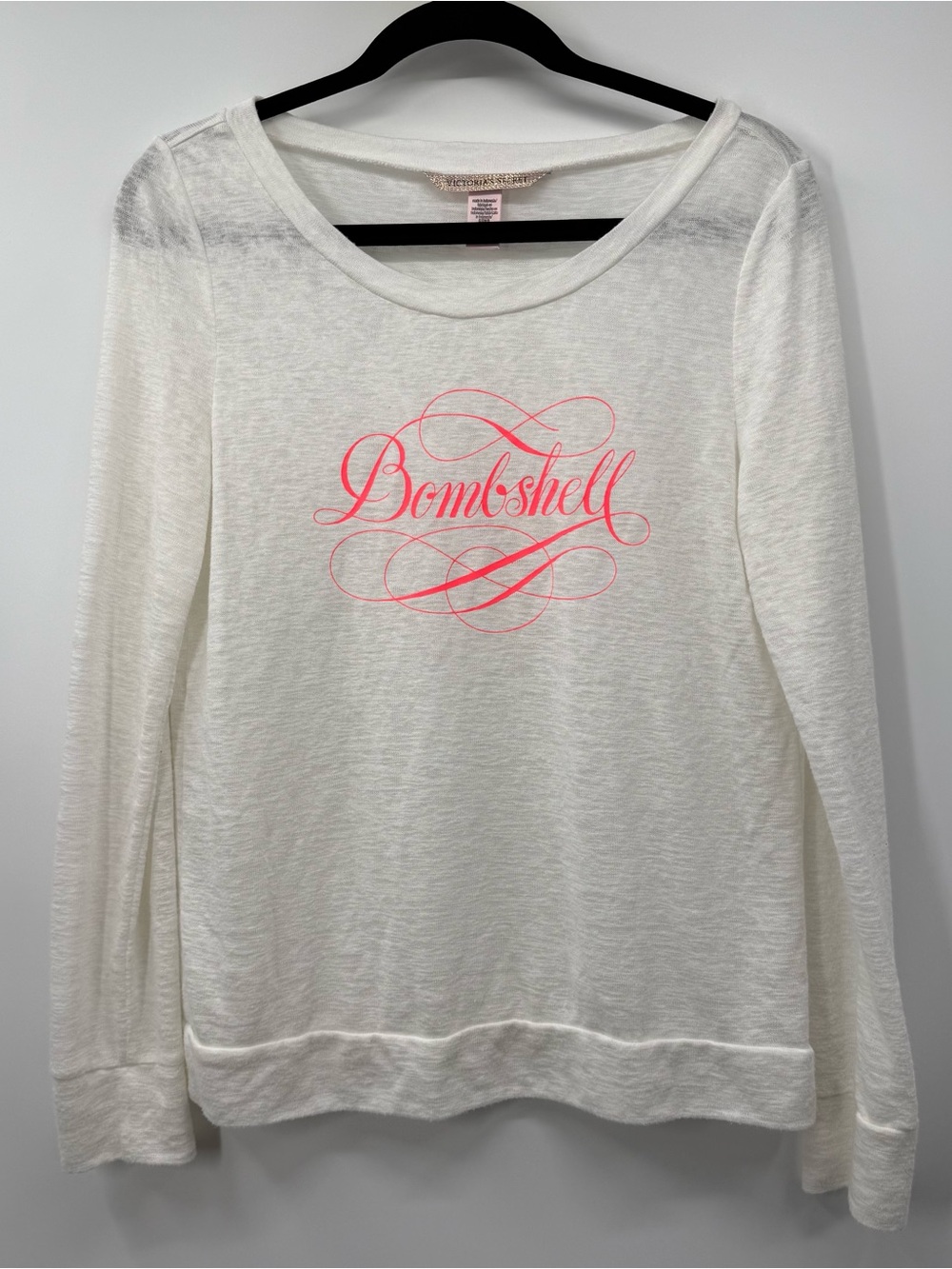 Victoria's Secret White Long-Sleeve Tee with Pink 'Bombshell' Script
